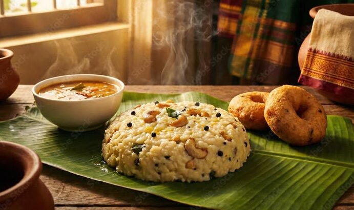 traditional ghee ven pongal, sambar & medu vada authentic south indian breakfast on banana leaf